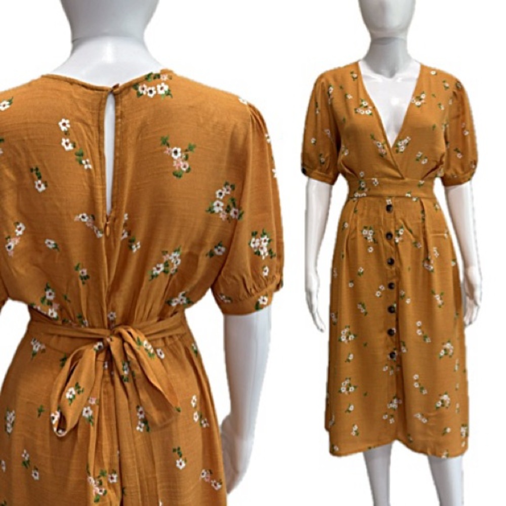 ASTR Floral Puff Sleeve Button Front Midi Dress Size Small Golden Oakley Belted